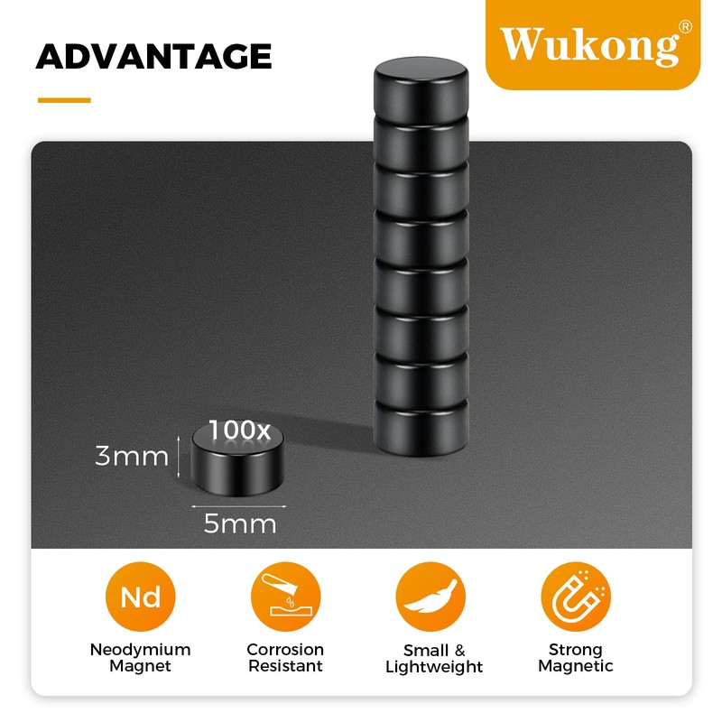 Wukong Black Small Magnets, 5x3mm | 100 Pack Round Strong
