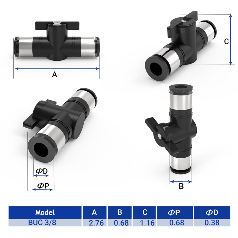EterMutable BUC3/8 3Packs 3/8"OD Push to Connect Fittings Quick Connect