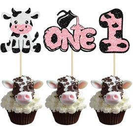 Ephlyn 24Pcs Cow First Birthday Cupcake Toppers Glitter Farm Animals Moo One Cupcake Pick Decorations for Baby Shower 1st Birthday Party Supplies Pink