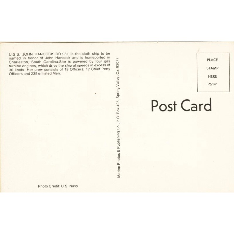 MPP USS JOHN HANCOCK DD 981 US Navy Ship Postcard