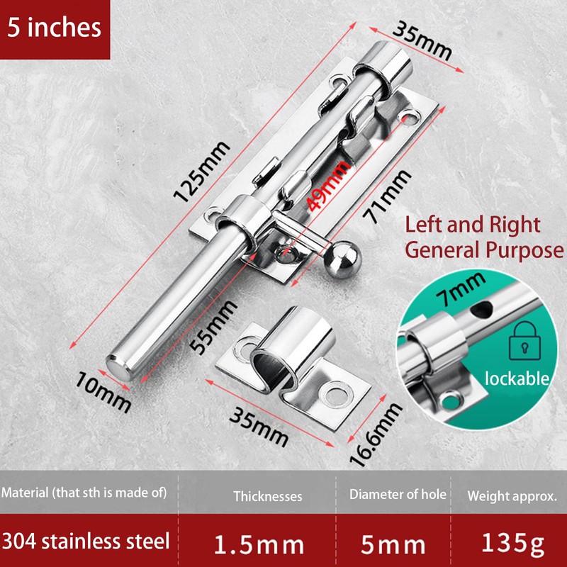 5" Slide Gate Latch Bolt, Stainless Steel Heavy Duty Solid