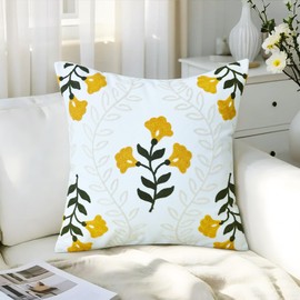 Cythasily Floral Embroidered Decorative Throw Pillow Covers 18"x 18" Set of 1, Boho Spring Farmhouse Yellow Flowers Green Leaves Patterned Square Canvas Pillowcases for Couch Sofa Bed Living Room