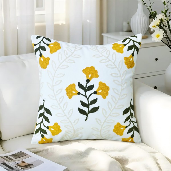 Cythasily Floral Embroidered Decorative Throw Pillow Covers 18"x 18" Set