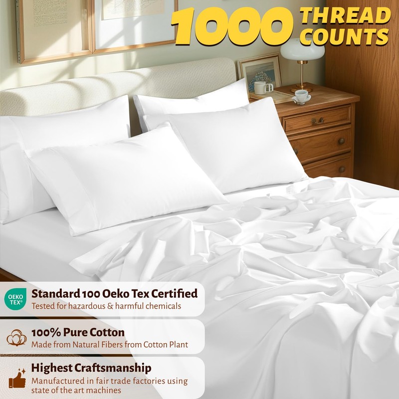 Shilucheng 100% Egyptian Cotton King Size Sheets Set - 1000