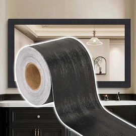 10M Black Mirror Border Wood Grain Wallpaper Border Tape Removable PVC Peel and Stick Bathroom Mirror Frame Border Tape (Black, 2Inch x 33FT)