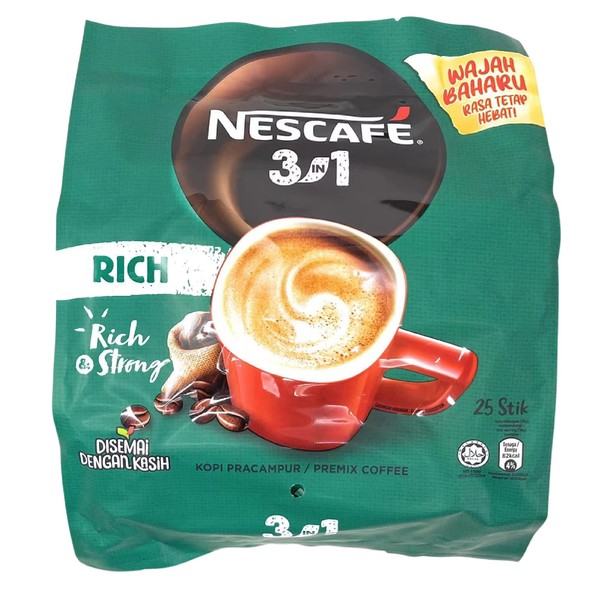 Nescafe 3 en 1 sabor más fuerte que el original Nescafe 3 en 1 café instantáneo rico Lebih Kaw Premix café en frío o caliente, 25 palitos / 25 porciones