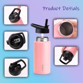 Kids Water Bottle with Straw, 16oz Cute Water Bottle, Single Wall 18/8 Stainless Steel, Dishwasher Safe & Leakproof, Reusable Gift for Girls Boys to School Sports Travel Camping, Pink