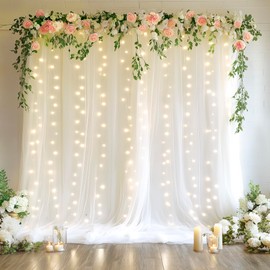 Fomcet White Tulle Backdrop Curtains 10FT X 8FT Tulle Curtains with Lights String Sheer Backdrop Curtains for Parties Wedding Birthday Party Baby Shower Photo Shoot Decorations (2 Panels 5 x 8FT)