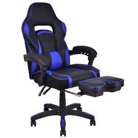 Giantex Ergonomic Massage Gaming Chair, High-Back Massage Lumbar Cushion Racing Chair with Retractable Footrest PU Leather Gaming Chair for Women & Men (Blue)
