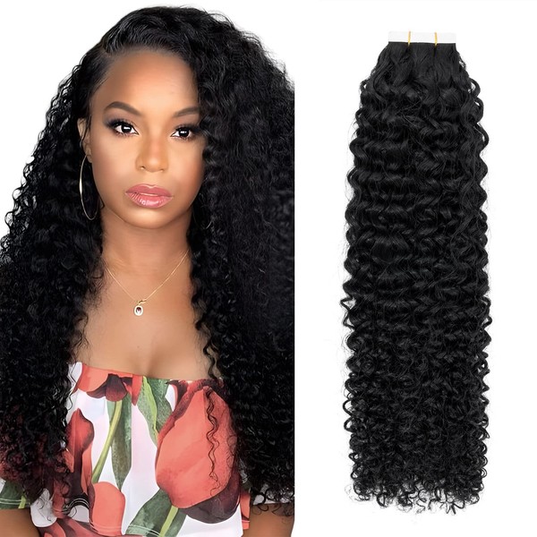 Elailite Tape-In Real Hair Extensions, Kinky Curly Afro Tape Extensions, Real Hair, Curly Hair Extensions, Tape, 55 cm, 50 g, #1B Natural Black