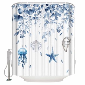 Coastal Eucalyptus Shower Curtain Set with Hook 72" x 72",Blue Starfish Jellyfish Shell White Washable Cloth Polyester Fabric Shower+Curtain,Waterproof Bath Curtains for Bathroom,Showers,Bathtubs
