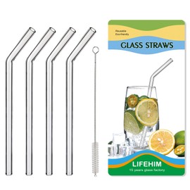 Borosilicate Glass Straws for 16 oz Tumbler, 9 inch 8mm BPA Free, Reusable Drinking Straws Clear Bent Skinny for Iced Coffee and Hot Drinks