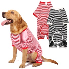 Dog Pajamas Cotton Striped Pup Jumpsuit, Breathable 4 Legs Basic Pjs Shirts for Puppy and Cat, Super Soft Stretchable Dog Jammies for Boys and Girls (White Red+Black, XX-Large)