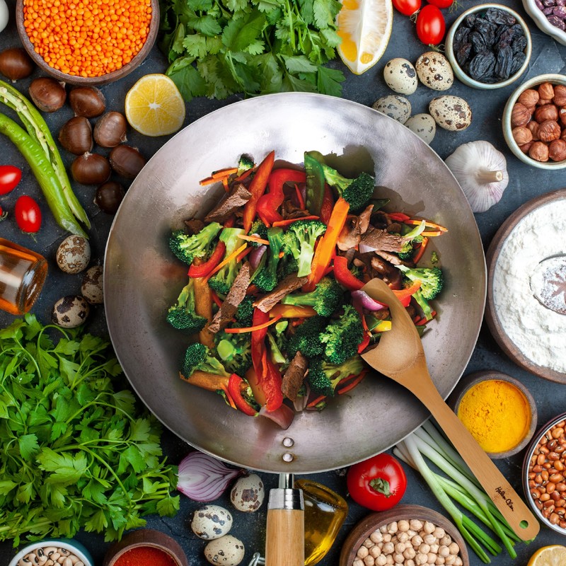 Helen's Asian Kitchen Round Bottom Wok Set, Carbon Steel and