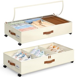 Yecaye Under Bed Storage with Wheels, 2Pack Under Bed Storage Containers, Under Bed Shoe Storage with Dividers & Clear Window, Underbed Storage Bins, Rolling Under Bed Drawers for Clothes, Shoes, Toys