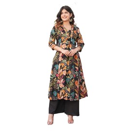 Ladyline Womens Cotton Anarkali Salwar Kameez Set | Floral Printed Flared Kurta with Embroidery & Lace Work | Pants & Printed Lawn Dupatta | Ethnic Wear (CPESK ADNZ) (36/ Black)