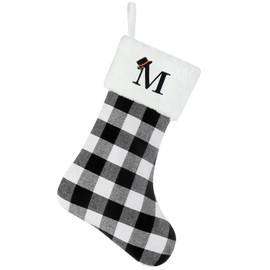 Senneny Christmas Stockings with Initials, 20 Inch Large Black White Buffalo Plaid Monogram Xmas Stockings with White Plush Faux Fur Cuff, Christmas Decorations for Family Holiday Party, Letter M