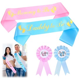MBAIYO 4Pcs Blue Pink Gender Reveal Sash Set, Mom Daddy to be Pin Maternity Corsage Kit Mommy to be Sash Gender Reveal Gifts for Parents Baby Shower Photo Props with Adjustable Ribbon Parent Keepsake