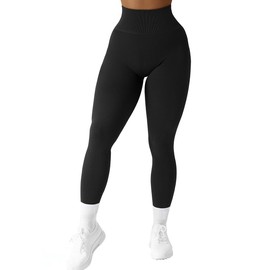 SUUKSESS Women Ribbed Seamless Leggings High Waisted Tummy Control Workout Yoga Pants (Black, L)