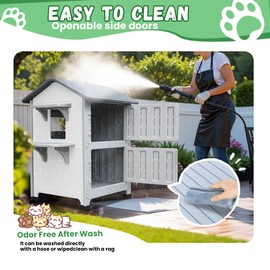 CSQOO Plastic 2 Story Outdoor Cat House with Escape Door, Waterproof Cat House for Feral Cats for Outdoor Indoor Use, Sturdy Cat Houses for Outdoor Cats, Clean & Assemble Easily(White)