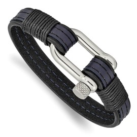 The Black Bow Stainless Steel, Black & Blue Leather Shackle Bracelet, 8.25 Inch