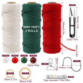 3Rolls Macrame Cord for Christmas 3mm x 50m(164ft) Macrame DIY Kits with Wooden Rings Wooden Beads D-buckles Xmas Accessories Wall Hanging Plant Hanger Craft Kit for Xmas Party Decor