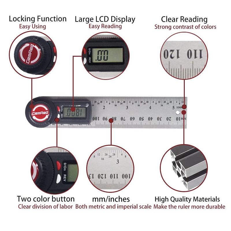 GemRed Digital Angle Finder, 2 in 1 Angle Gauge, Stainless