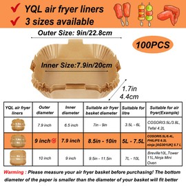 YQL Air Fryer Liners Square for COSORI 5.5L/Instant Vortex, 100pcs Disposable Air Fryer Accessories 7.9 inch Non Stick Parchment Paper for Air Fryer Compatible with AG301UK, Ninja Speedi Air Fryer