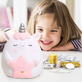 PHOCAS Unicorn Piggy Bank Kids Plastic Saving Coin Box Unicorn Room Decor Christmas Birthday Gift with Money Box(White)