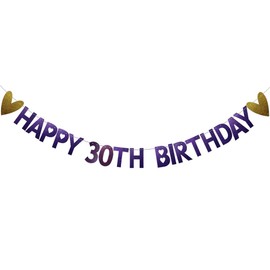 Happy 30th Birthday Banner, Pre-Strung, Purple Glitter Paper Garlands Banner for 30th Birthday Party Decorations Supplies, Letters Purple, Betteryanzi