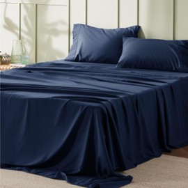 Bedsure California King Sheets Navy - Soft Sheets for California King Size Bed, 4 Pieces Hotel Luxury California King Sheet Sets, Easy Care Polyester Microfiber Cooling Bed Sheet Set
