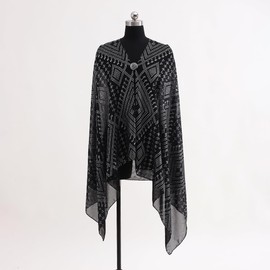 Summer beach holiday thin breathable women's scarf full layout positioning flower original design Fashion Faux Assuit Foil print sun protection beach thin silk scarf shawl (Black silver)