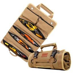 Roll Up Tool Bag, Heavy Duty Tool Organizer Bag, Portable Tools Bag with 6 Tool Pouches for Mechanics, Electricians, DIY Projects, Gifts for Men Dad Husband (Khaki)
