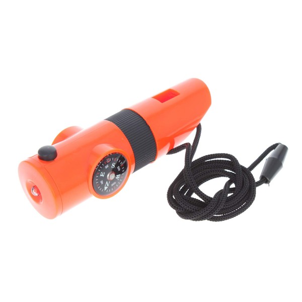 ASR Outdoor 7 in 1 Survival Whistle Multi-Case with LED Flashlight Compass Mirror - Orange