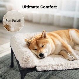 Veehoo Cooling Elevated Dog Bed Add Removable Deluxe Rose Plush Bolster Cushion Mat, 59" x 37" Washable Dog Couch Bed, Raised Pet Cot with Breathable Teslin Mesh, No-Slip Feet, White, CWC2439B