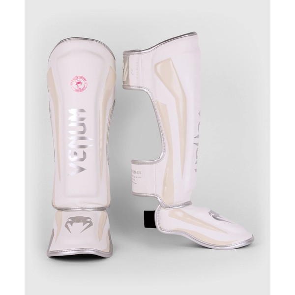 VENUM Leg Guards ELITE SHIN GUARDS (White x Silver Pink) //Legers Kickboxing Martial Arts Protective Gear Protector (Large)