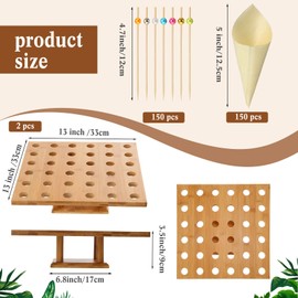 150pc Disposable Wooden Food Cones with 36 Holes Bamboo Ice Cream Cone Holder Display Stand and 150 Colorful Bamboo Stick for Restaurant Catered Events Party or Buffets Ice Cream Food Trucks