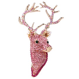 EVER FAITH Reindeer Austrian Crystal Brooch Pin Pink Gold-Tone