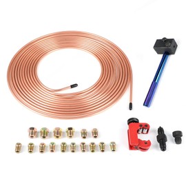 Copper Coated Brake Line Replacement Kit 3/16 Inch x 25 Feet – Tubing Coil with Fittings, Corrosion Resistant, Flexible Alloy, Inverted Flare, Includes Double Flaring Tool and Pipe Cutter