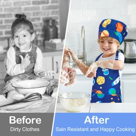 MHJY Kids Apron and Chef Hat Set, Adjustable Toddler Aprons with Pocket for Cooking Baking Painting Drawing 3-8 Year