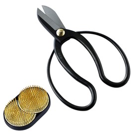 Wazakura Made in Japan Ikebana Tool Kit - Koryu Scissors + Sun and Moon Kenzan Flower Holder, Japanese Floral Arrangement, Florist Shears and Pin Frog Gift Box Set