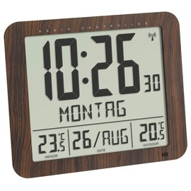 TFA Dostmann Radio Wall Clock Wood Look 60.4518.08 with Outdoor Transmitter Indoor and Outdoor Temperature Easy to Read with Date and Day of the Week Brown