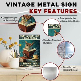 ARTWALLURE Vintage Metal Sign Owl That's What I Do I Read Books I Drink Tea And I Know Things Rustic Wall Decor for Libraries Cafes Pubs Retro Tin Plaque Gift Idea 8x12inch