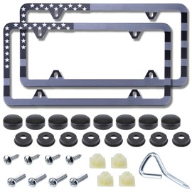 2 Pack American Flag License Plate Frame Holder, Universal Matte Stripe US Flag Patriotic, Stainless Steel Car Plate Frame Covers with Screws Fasteners Caps and Tool