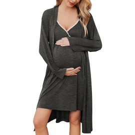 Ekouaer Maternity Nursing Nightgown and Robe Set Delivery Gown Postpartum Pajamas Pregnancy Clothes Dark Grey Small