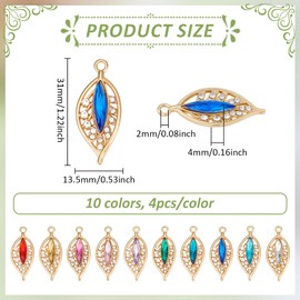 PH PandaHall 40pcs 10 Colors Rhinestone Leaf Charms Oval Crystal Charms Gemstone Pendants Golden Vintage Charm for Bracelet Necklace Jewellery Making Handicrafts 1.2 Inch