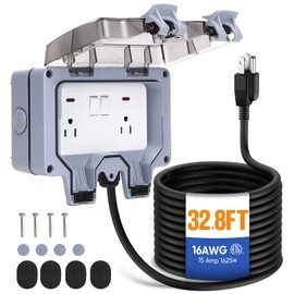 XINYIELE Outdoor Power Outlet,Outdoor Extension Cord Waterproof Double Wall Outlet Extender with On-Off Switch and Indicator Light，Exterior Electric External Power Outlet,Outside Outlet (32.8FT)