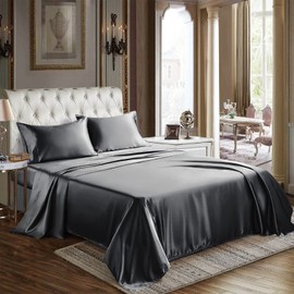CozyLux Satin Sheets Twin Size - 3 Piece Dark Grey Bed Sheet Set with Silky Microfiber, 1 Deep Pocket Fitted Sheet, 1 Flat Sheet, and 1 Pillowcase - Smooth and Soft