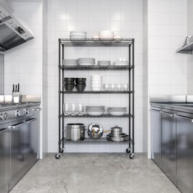 Seville Classics UltraDurable Heavy Duty NSF Solid Steel Wire Rack Storage Unit, Organizer for Garage, Warehouse, Office, Restaurant, Classroom, Kitchen, Black, 5-Tier Shelving, 48" W x 18" D
