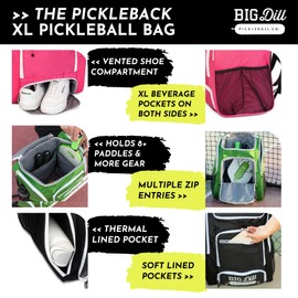 Big Dill Pickleball Pickleback Pickleball Backpack | Large Pickleball Bag with Shoe Compartment for 8+ Pickleball Paddles & Pickleball Accessories, Pickleball Bags with Insulated Pocket (Black)